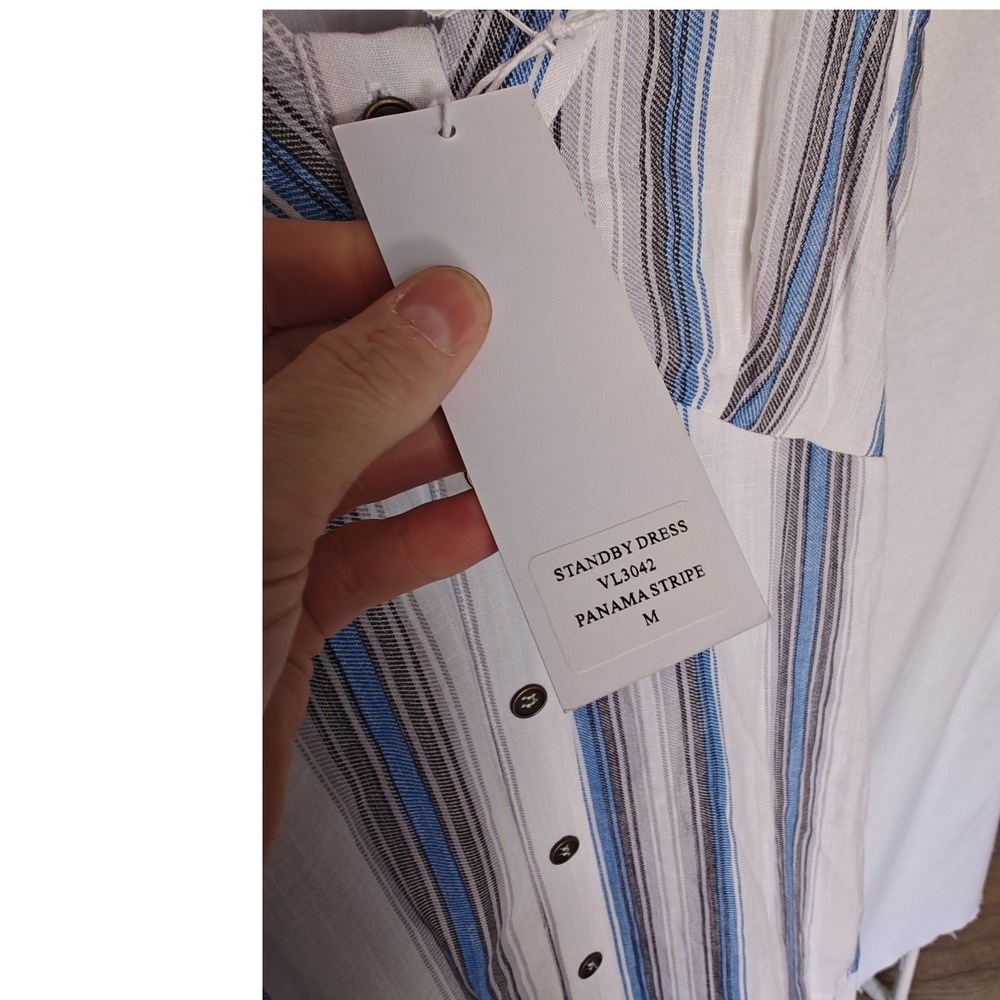 Vacate The Label Dress Standby Midi Panama Stripe Tiered Vneck White Blue M New - Picture 9 of 11
